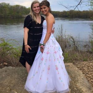 Strapless White Prom Dress with Embroidered Flowers